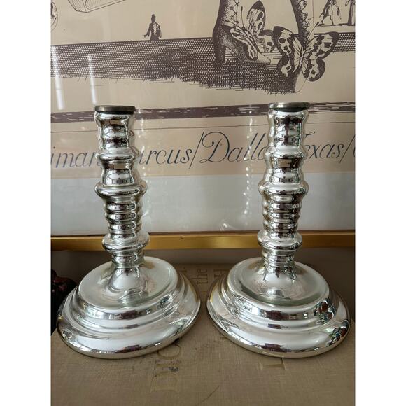 2 Mercury Glass Candle Holders silver elegant Williamsburg 8.5x5.5” - Picture 2 of 11